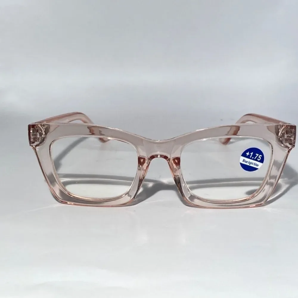 1283 Gretchen Reading Glasses 1.75 Square Clear  Pink Frames Oversize NWT
